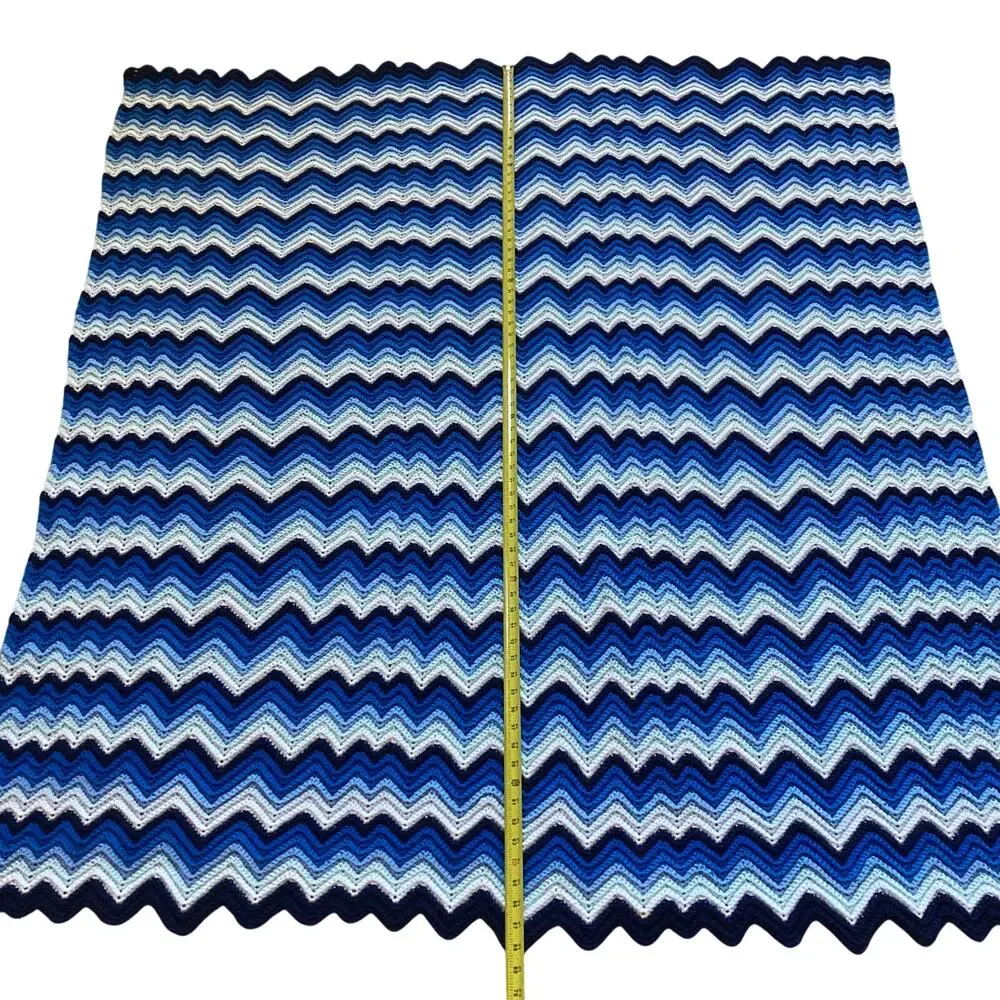 Handmade Large Afghan Blue & White Chevron Wave Zig Zag Pattern Blanket 60